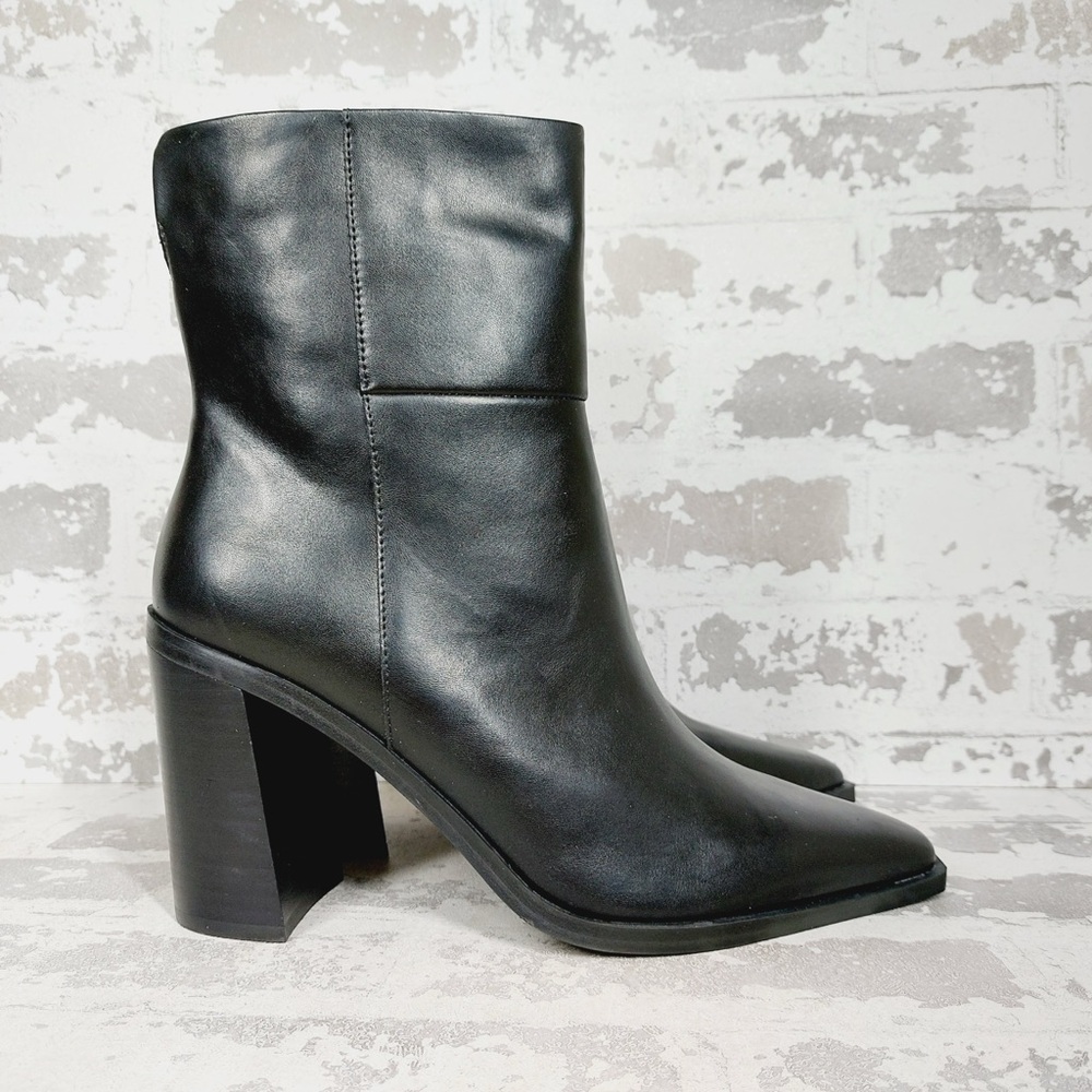 NEW Steve Madden Silvee Black Leather Snip Toe Block Heel Side Zip Boots D312